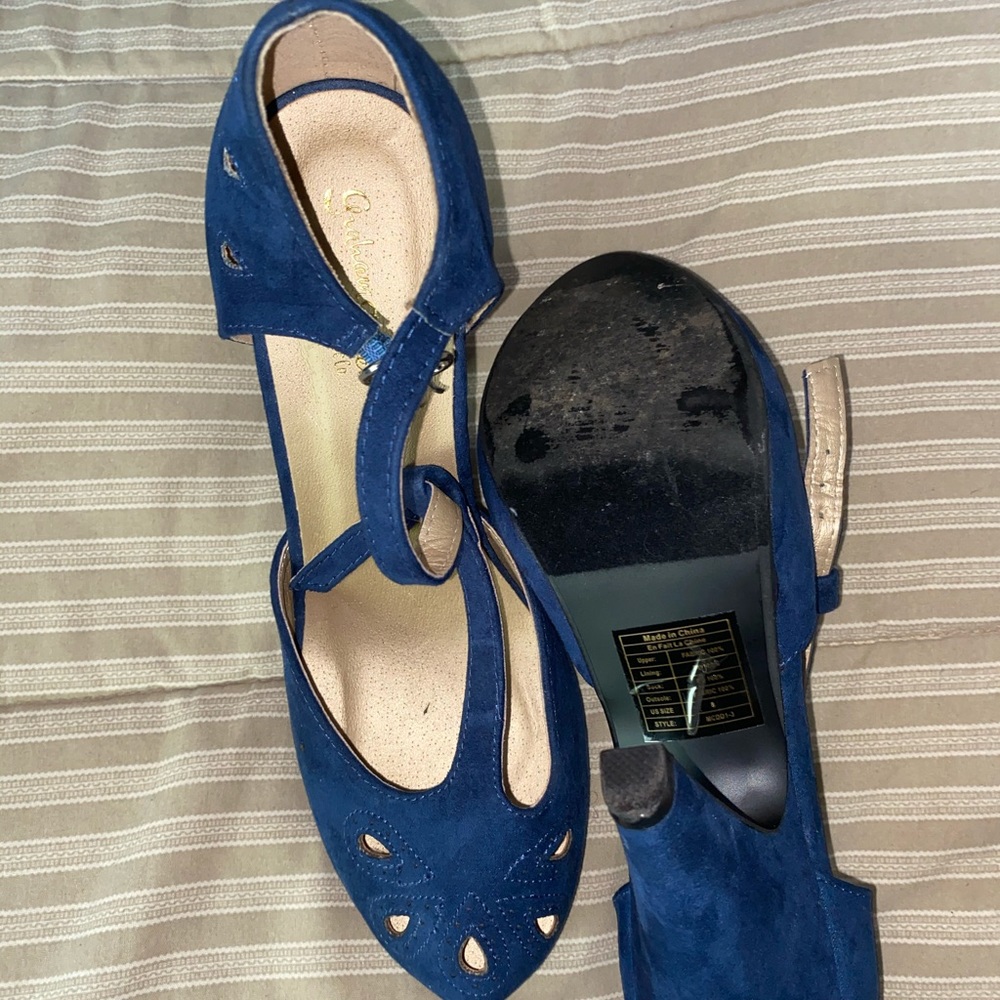 Blue suede retro heels